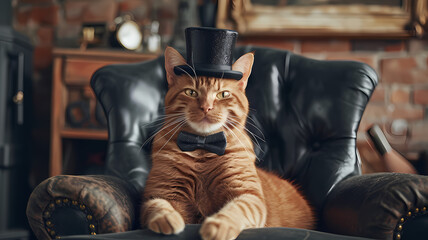 Photo of a cute, charming cat wearing a bow tie and a top hat while sitting in a chair