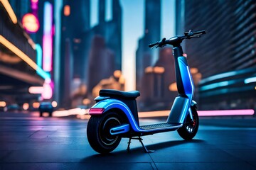 A futuristic electric scooter parked beside a bustling city sidewalk with skyscrapers in the background.