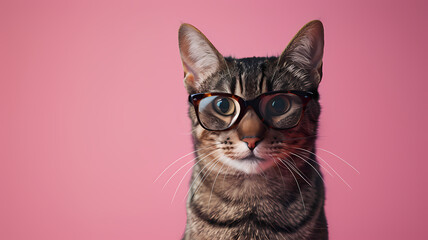 Obraz premium smart and intelligent cat wearing glasses with a plain color background