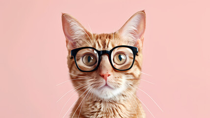 smart and intelligent cat wearing glasses with a plain color background