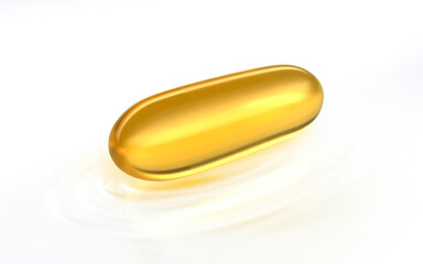 Gold fish oil, vitamins and omega 3 in shape supplemental, benefits of pills improving mental, heart, eyes, bones health, lower cholesterol level. 3d rendering on white background.