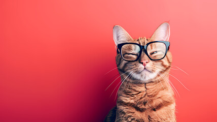 Photo of a cute and curious cat wearing glasses with a plain color background