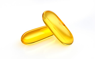 Gold fish oil, vitamins and omega 3 in shape supplemental, benefits of pills improving mental, heart, eyes, bones health, lower cholesterol level. 3d rendering on white background.