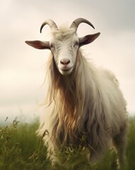 Obraz premium a goat with brown horns and a white coat standing on the grass.