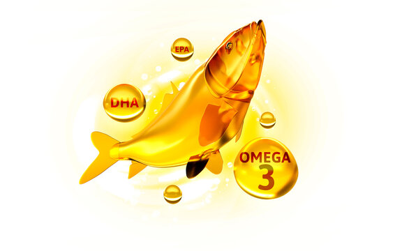 Gold fish oil, vitamins and omega 3 in shape supplemental, benefits of pills improving mental, heart, eyes, bones health, lower cholesterol level. 3d rendering on white background.