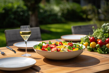 Delicious healthy food with fresh salad, fruits and vegetables, served on the table in the garden