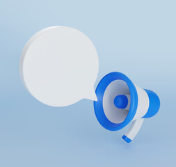 3D Blue and white colored megaphone speaker with speech bubble, 3D render illustration