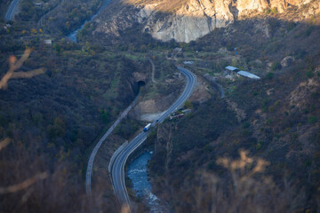 Amazing canyon landscape with Debed river, railway and road, Armenia.