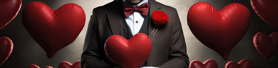 Gentleman Holding Heart-Shaped Red Balloons - Valentine's Day Banner
