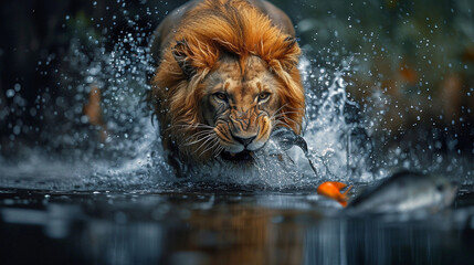 The lion is catching fish in the water