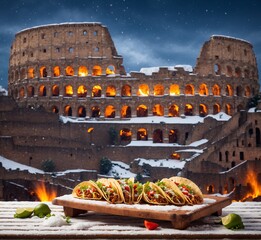 Colosseum in Rome at night with hot chili peppers and tacos