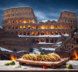 Zelfklevend Fotobehang Colosseum in Rome at night with hot chili peppers and tacos © MdMehede