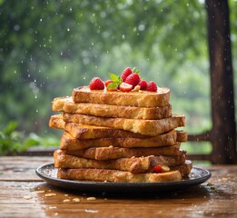 French toast with strawberry and honey on a wooden table in the rain