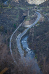 Amazing canyon landscape with Debed river, railway and road, Armenia.