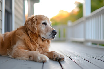Golden Retriever Dog Laying on Porch waiting for something - Powered by Adobe