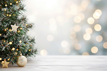 Blurred Christmas Tree Background Against White Table