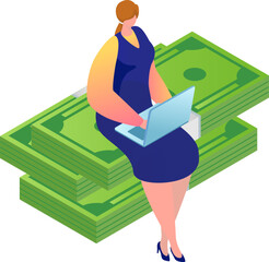 Woman working on laptop sitting on stack of money. Online income and financial success concept. Wealth and investment vector illustration.