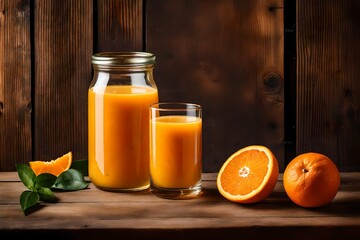 Envision a captivating stock photo featuring an orange juice glass jar placed elegantly on a rustic wooden table.

