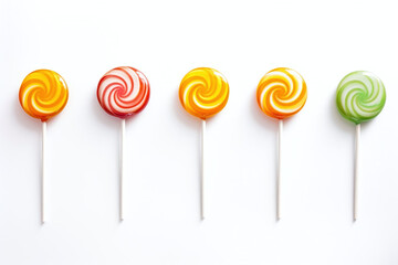 Set of colorful lollipops on white background. Top view