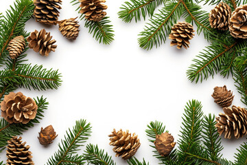 Festive Christmas Frame Featuring Spruce Branches And Cones On A White Background