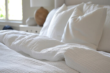 Fototapeta na wymiar Closeup Of Bed With Pristine White Linens