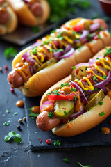 juicy fresh hot dogs on the table with vegetables.