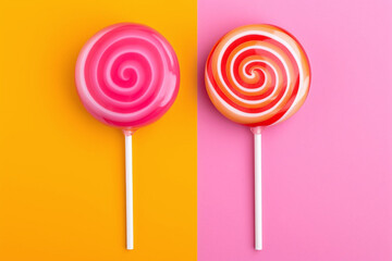 Two round lollipops in pink and red colors on an orange and pink background.