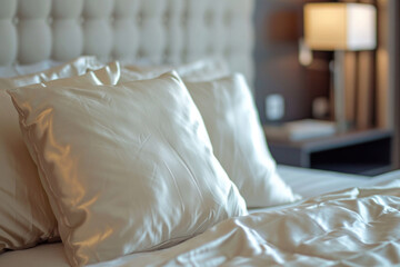 Fototapeta na wymiar Stylish Cream Silk Pillow Bed In A Modern Room