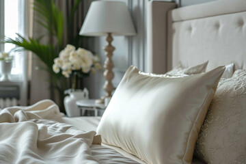Closeup Of Modern Room With Cream Silk Pillow Bed