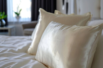 Fototapeta na wymiar Beautiful Modern Bedroom With Cream Silk Pillow Bed