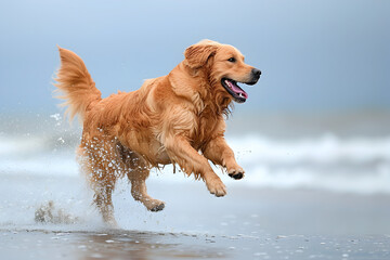 Happy Golden Retriever Running and jumping on the Beach