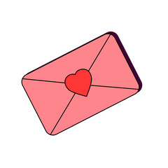 Pink sealed envelope with  red heart. Happy valentines day love message concept. Love and romance. Retro style. Vector illustration isolated on white background.