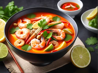 Fotobehang Thai Culinary Delight: Authentic Tom Yum Goong Soup with Juicy Prawns. generative AI © EVISUAL