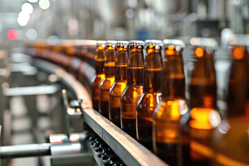 The Significance Of Glass Brown Beer Bottles On A Conveyor Belt - obrazy, fototapety, plakaty