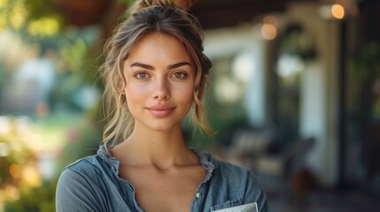 Obraz premium Professional female real estate agent with a luxury property, showcasing expertise in high-end real estate.