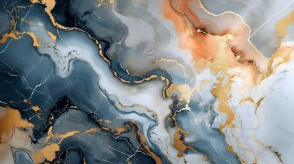 Stof per meter Kristal Abstract background blue marble agate granite mosaic with golden veins