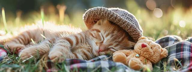 a little cat in a hat with a toy bear is sleeping in nature