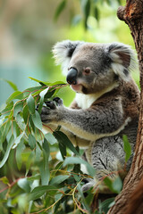 A cute koala is sitting on a tree branch