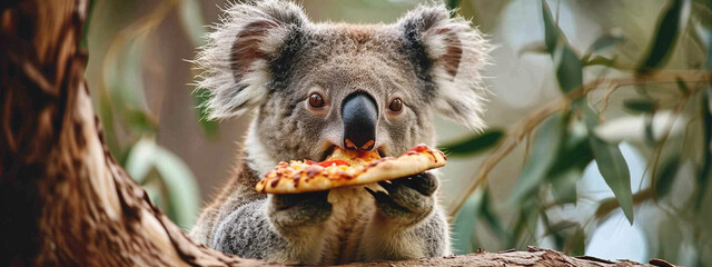 cute koala eats pizza on a tree