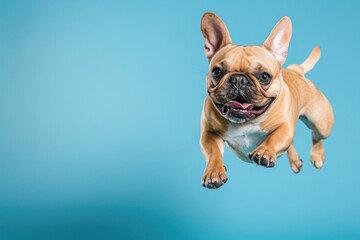 Playful French Bulldog Leaps Happily Against Blue Background