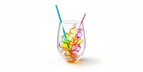 Stemless White Wine Glass with fun colorful straw, glass of champagne with straws