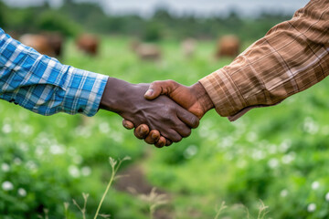 Farmers Shaking Hands Amidst An Unfocused Agricultural Backdrop With Cows