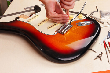 Guitar repairman sets pickguard on electric guitar.