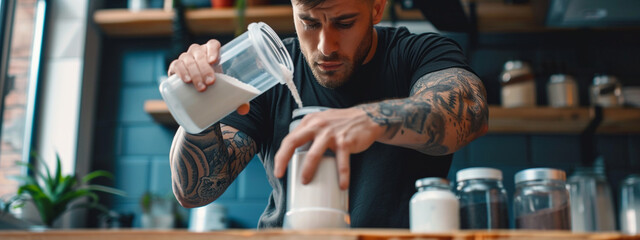 a male athlete prepares a protein shake