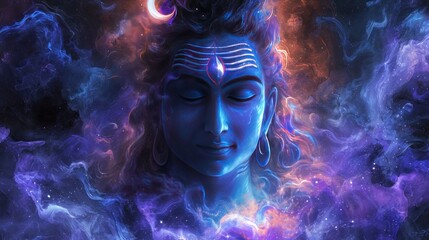 cosmic portrait of hindu god lord shiva face - obrazy, fototapety, plakaty