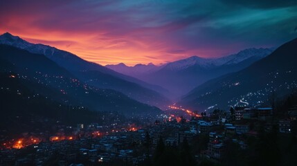 night landscape of beautiful mountains and city