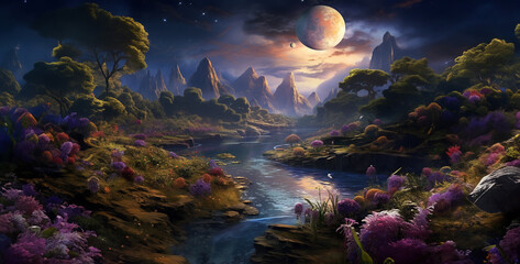 a landscape of a river on an earth like planet, night landscape with moon and stars