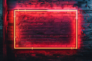 Red neon signboard on a brick wall background
