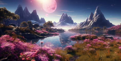 a landscape of a river on an earth like planet, night landscape with moon and stars, sunrise in the mountains - obrazy, fototapety, plakaty