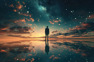 Man Standing On Water Against Sky And Space - obrazy, fototapety, plakaty